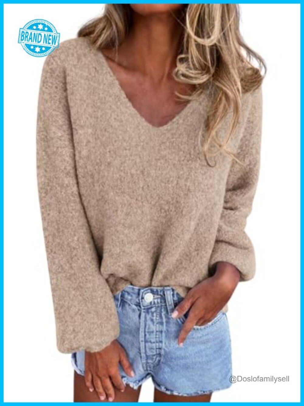 Oversized V Neck Knit Sweater Cozy Fall Pullover Ribbed Long Sleeve